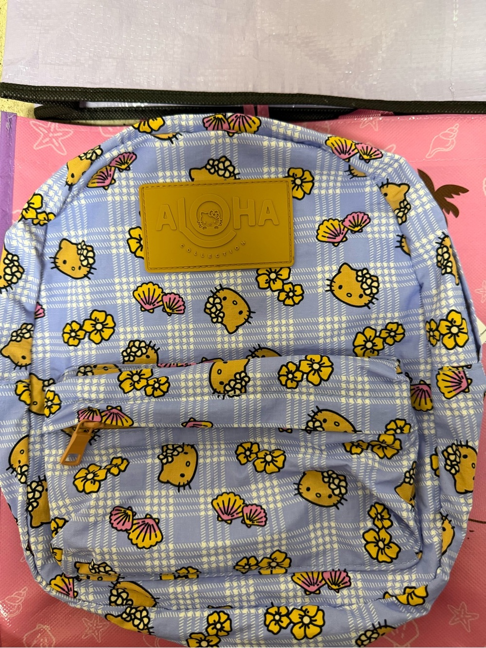 ALOHA Collection Light Blue Plaid Backpack with Yellow and Pink Accents